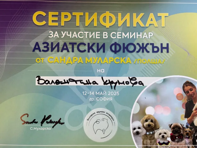 Valentina Krumova’s certificate from the “Asian Fusion” seminar