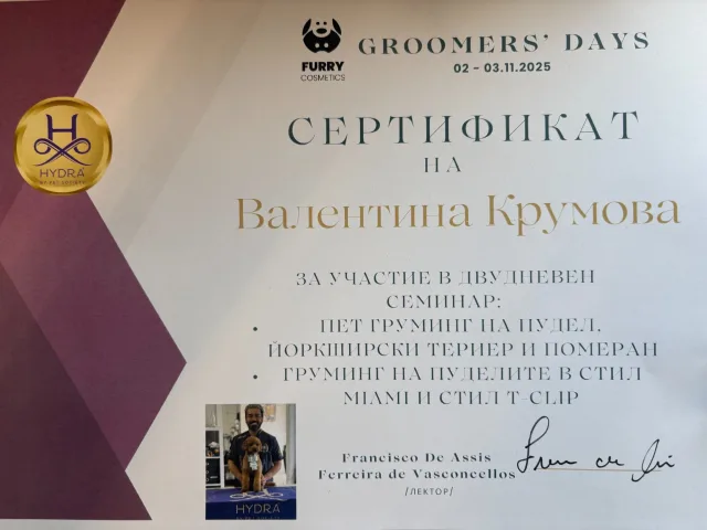 Valentina Krumova’s certificate from the two-day Groomers’ Days seminar